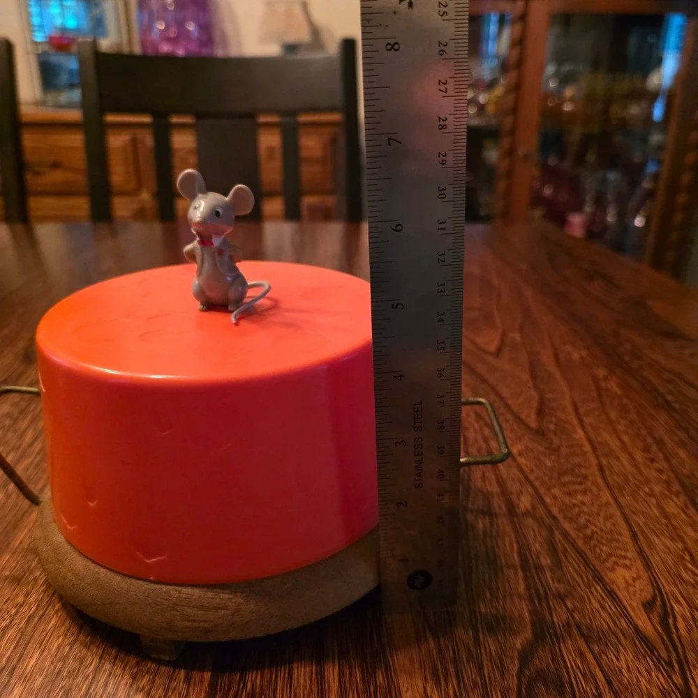 Vintage Mid Century Cheese Server Mouse Orange Plastic Dome Wood Base Tray MCM
